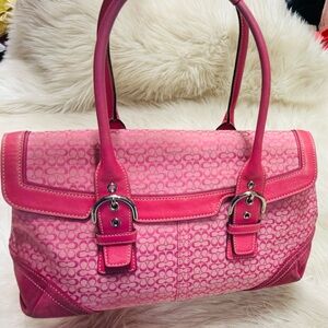 COACH Signature Pink Jacquard & Suede Logo Soho Hobo Purse J04J-7080